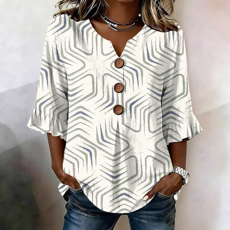 Irregular Geometric Shapes  V-Neck Button Front  Ruffle Sleeve Blouse - White - US32-34(5XL) - image 1