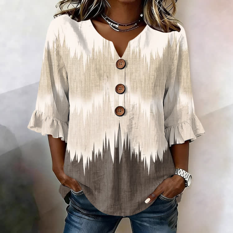 Vintage Wave Print  V-Neck Button Front  Ruffle Sleeve Blouse - Apricot - US32-34(5XL) - image 1