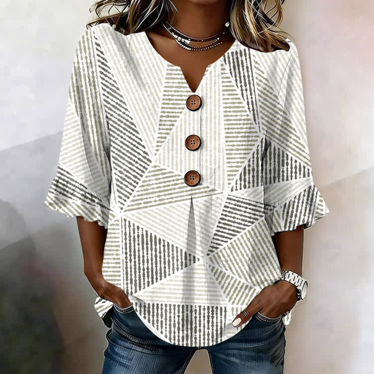 Geometric Triangle Iine Composition Print  V-Neck Button Front  Ruffle Sleeve Blouse - Beige - US32-34(5XL) - image 1