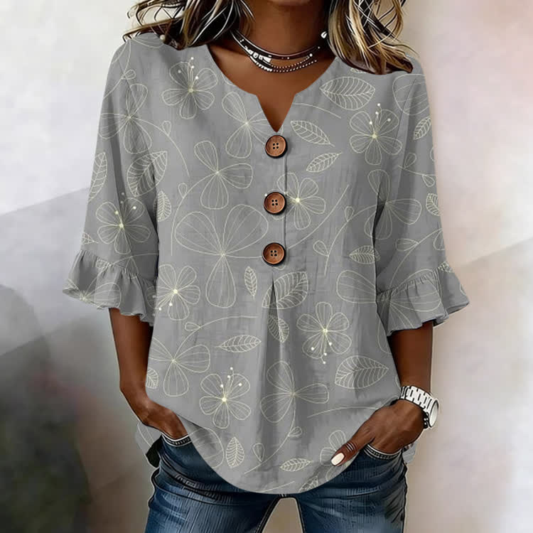 Liquid luminescence Floral Print  V-Neck Button Front  Ruffle Sleeve Blouse - Grey - US32-34(5XL) - image 1