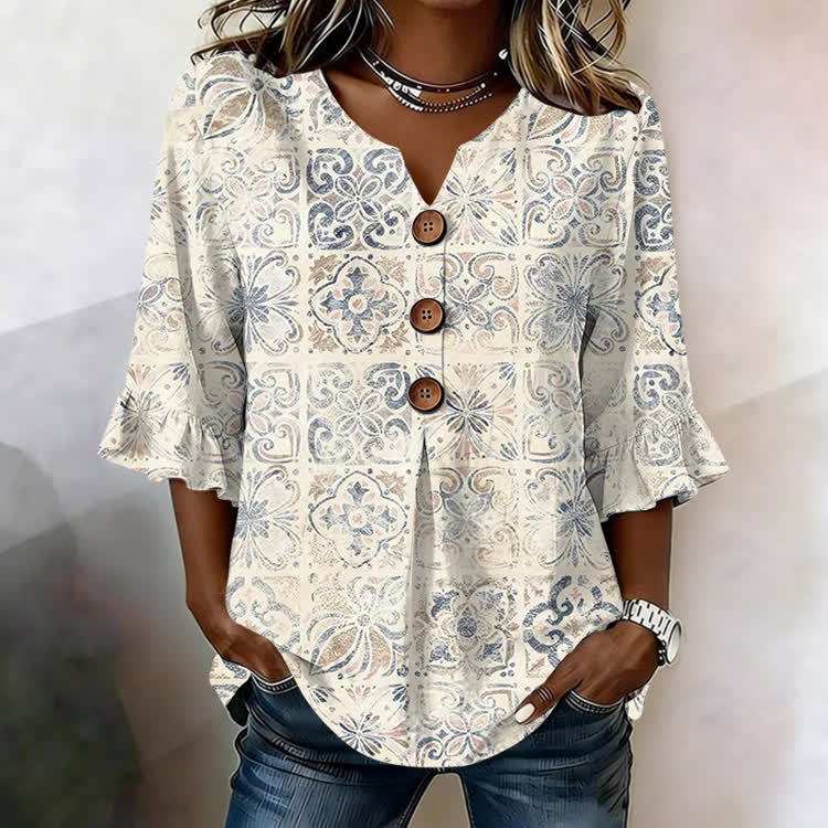 Boho Geometric Print  V-Neck Button Front  Ruffle Sleeve Blouse - Apricot - US32-34(5XL) - image 1