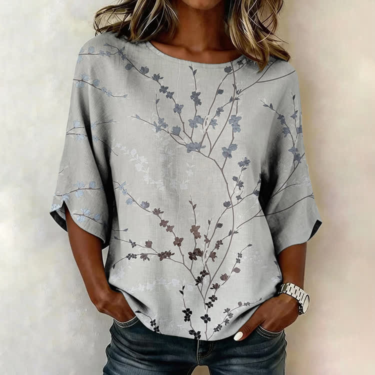 Ink Plum Blossom Branch Print 3/4 Sleeve Crew Neck Casual Blouse - Grey - US 28-30 (4XL) - image 1