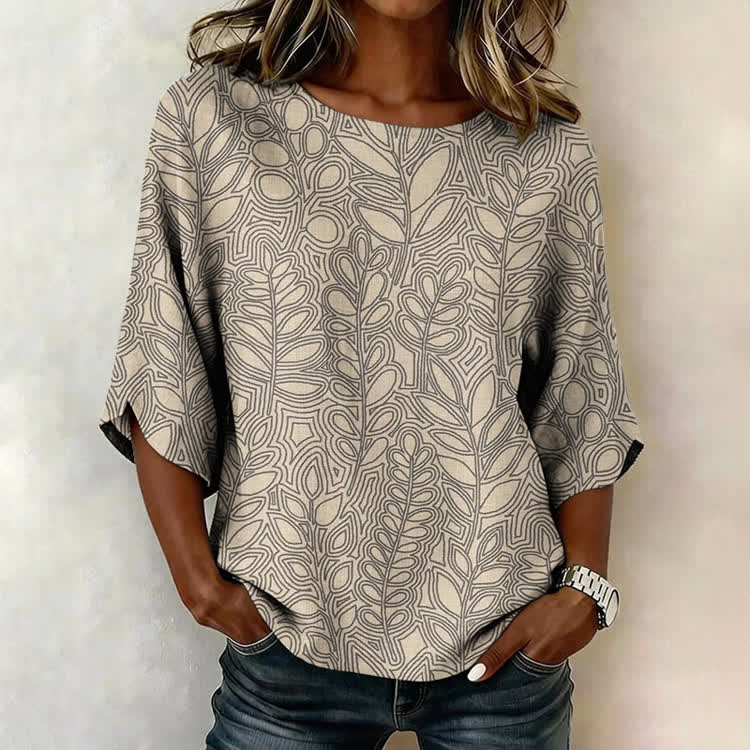 Geometric Line Leaf Print 3/4 Sleeve Crew Neck Casual Blouse - Apricot - US 28-30 (4XL) - image 1