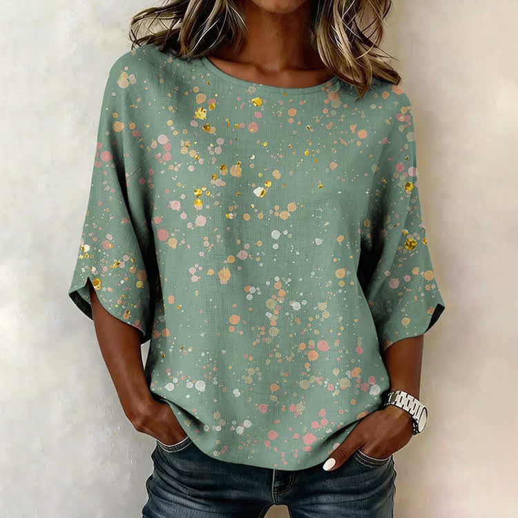 Gold Foil Polka Dot Print 3/4 Sleeve Crew Neck Casual Blouse - Green - US 28-30 (4XL) - image 1