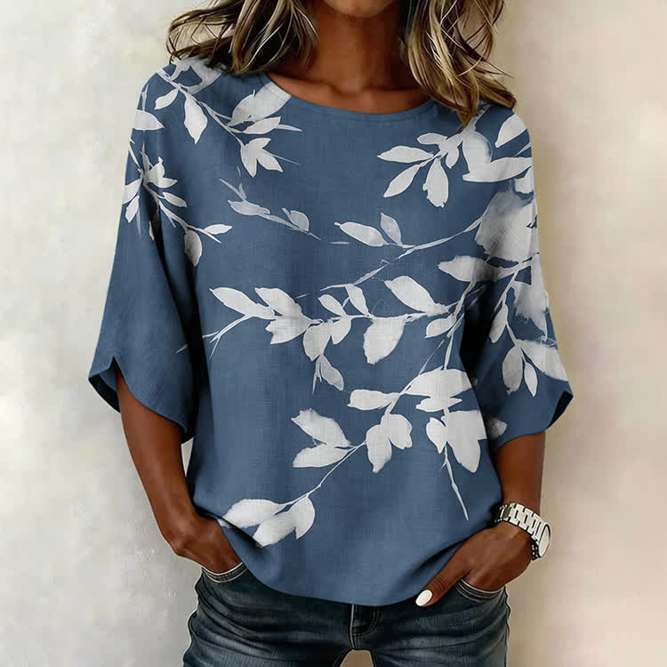 Watercolor Leaf Print 3/4 Sleeve Crew Neck Casual Blouse - Blue - US 28-30 (4XL) - image 1
