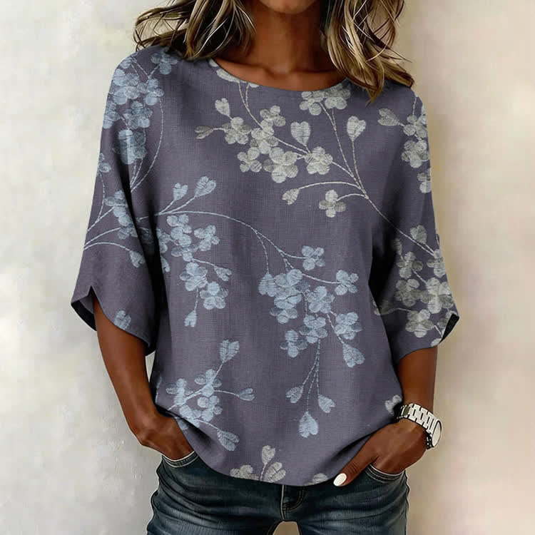 Watercolor Heart Floral Print 3/4 Sleeve Crew Neck Casual Blouse - Blue - US 28-30 (4XL) - image 1