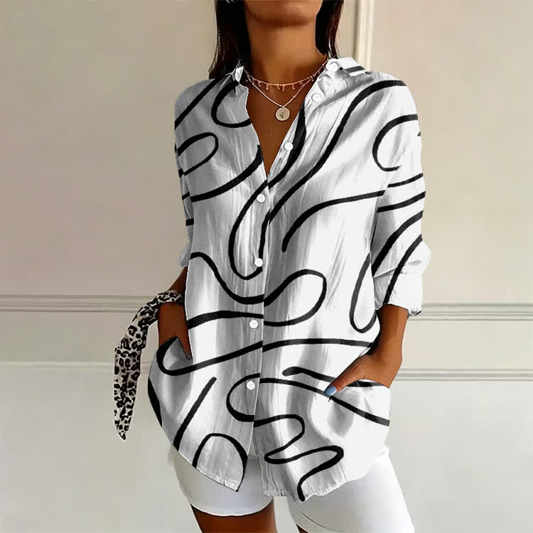 Minimalist Random Curve Pattern Print Long Sleeve Blouse - Black - US 22 (4XL) - image 1