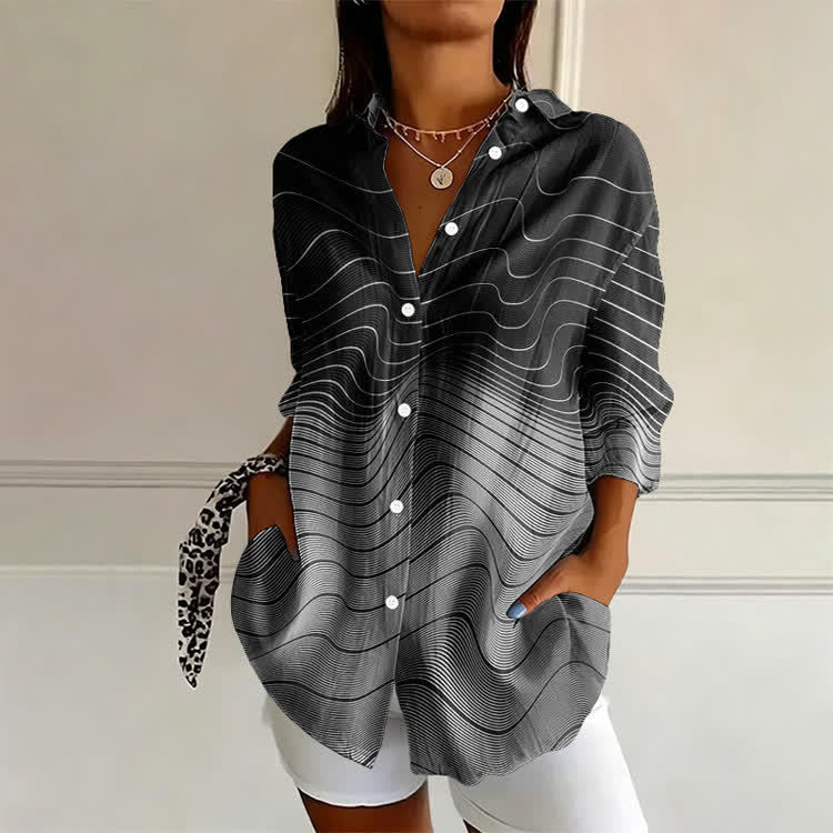 Modern Gradient Curve Pattern Print Long Sleeve Blouse - Grey - US 22 (4XL) - image 1