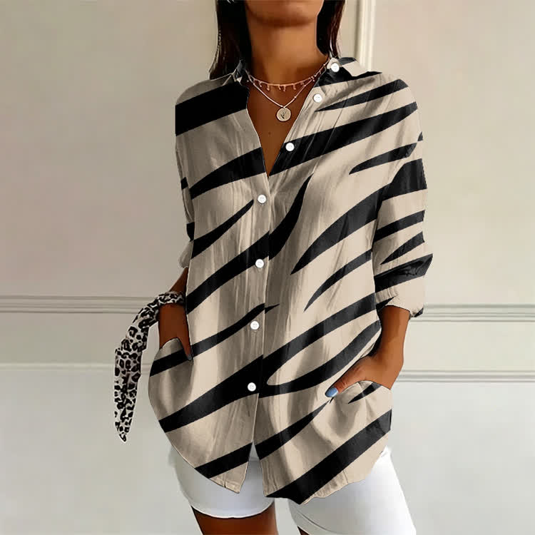 Minimalist  Zebra Pattern Print Long Sleeve Blouse - Khaki - US 22 (4XL) - image 1
