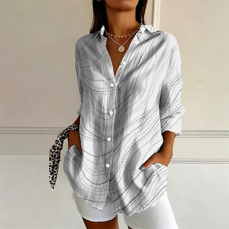 Modern Metal Dot Stripes Pattern Print Long Sleeve Blouse - White - US 22 (4XL) - image 1