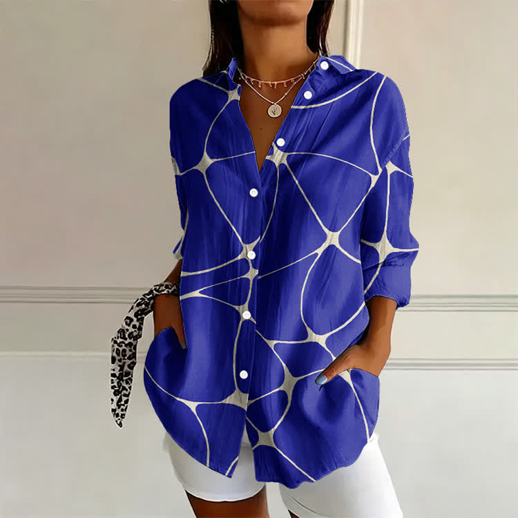 Modern Irregular Wire Mesh Pattern Print Long Sleeve Blouse - Royal Blue - US 22 (4XL) - image 1