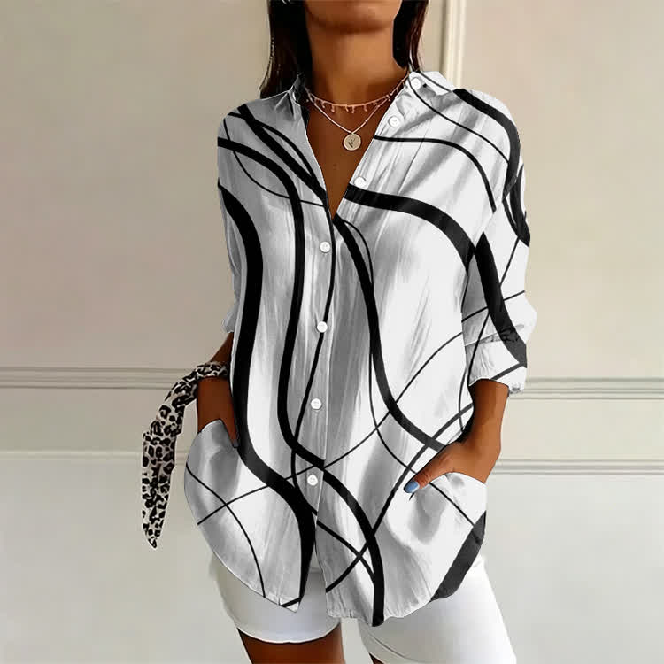 Modern Free Curve Pattern Print Long Sleeve Blouse - White - US 22 (4XL) - image 1