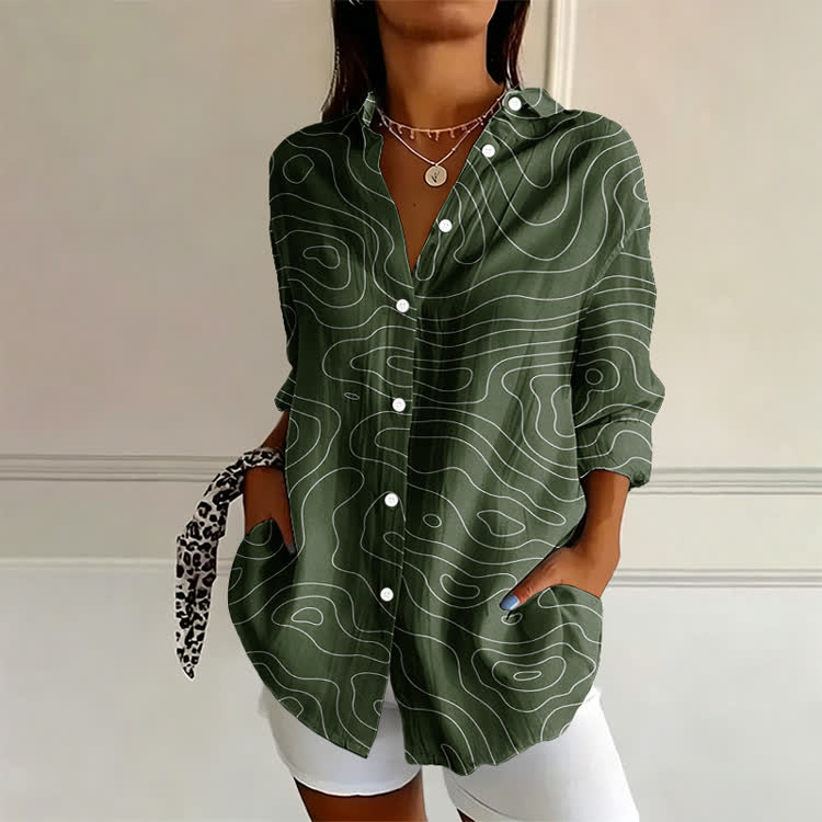 Simple Rhythm Curve Pattern Print Long Sleeve Blouse - Army Green - US 22 (4XL) - image 1