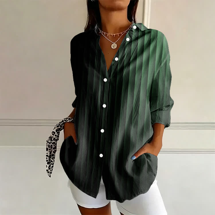 Modern Gradient Stripes Pattern Print Long Sleeve Blouse - Green - US 22 (4XL) - image 1