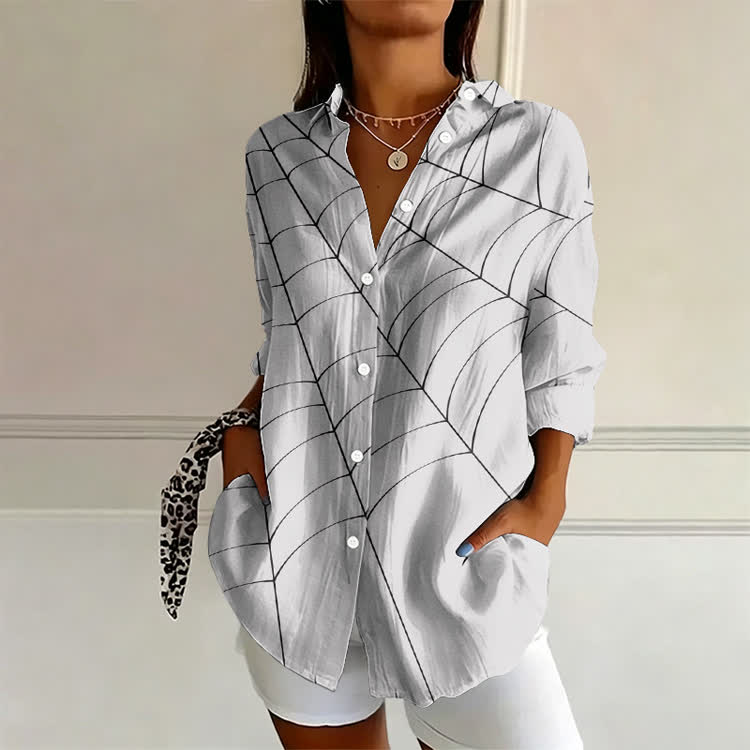 Modern Spider Web Thread Pattern Print Long Sleeve Blouse - White - US 22 (4XL) - image 1