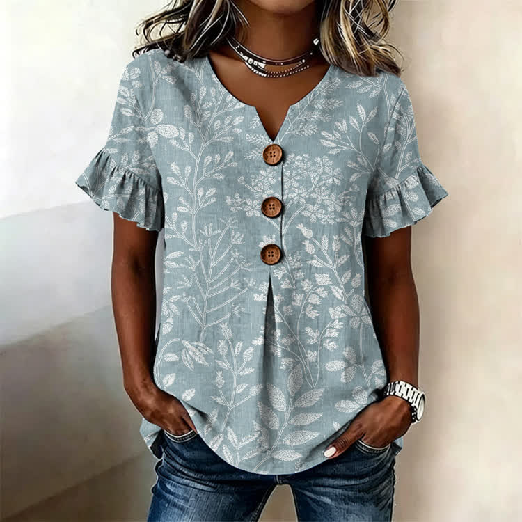 Dried Leaf Specimen Texture Pattern Print Button Short Ruffle Sleeves V-neck Blouse - Light Blue - US32-34(5XL) - image 1