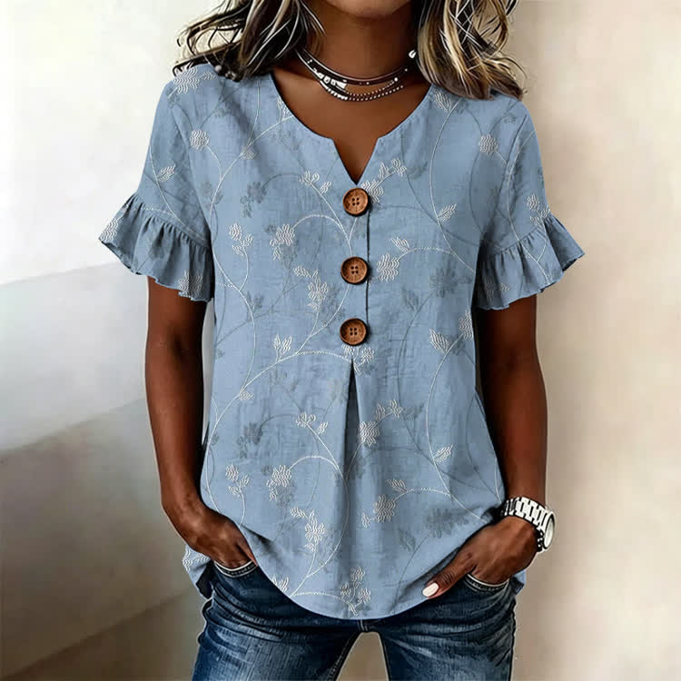 Vintage Twining Plants Texture Pattern Print Button Short Ruffle Sleeves V-neck Blouse - Light Blue - US32-34(5XL) - image 1