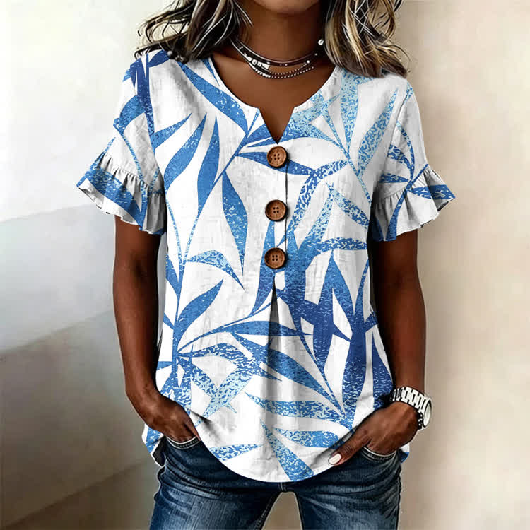 Natural Bamboo Leaves Texture Pattern Print Button Short Ruffle Sleeves V-neck Blouse - White - US32-34(5XL) - image 1