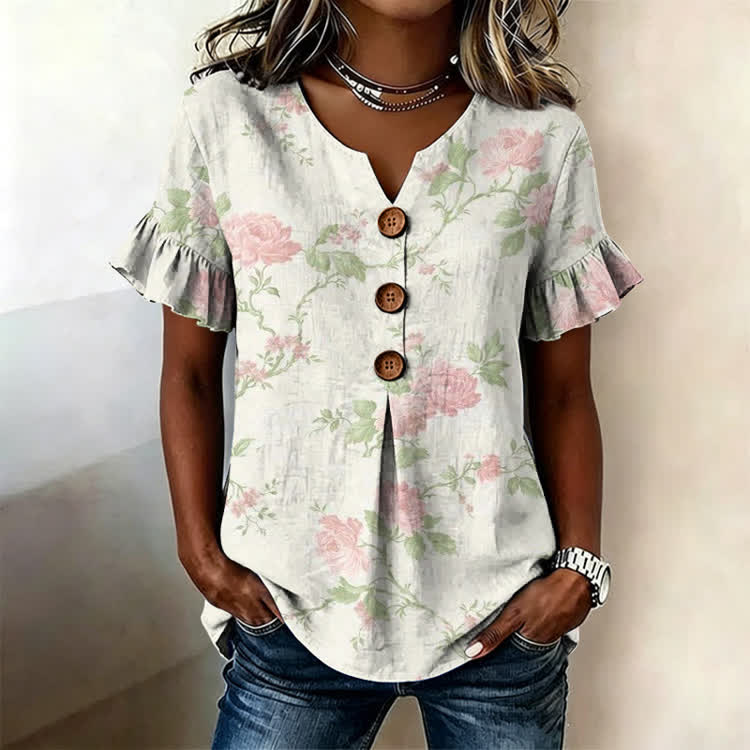 Gentle Rose Texture Pattern Print Button Short Ruffle Sleeves V-neck Blouse - Apricot - US32-34(5XL) - image 1