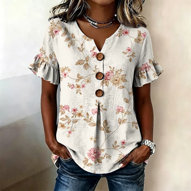 Vintage Intertwining Wild Roses Texture Pattern Print Button Short Ruffle Sleeves V-neck Blouse - Apricot - US32-34(5XL) - image 1