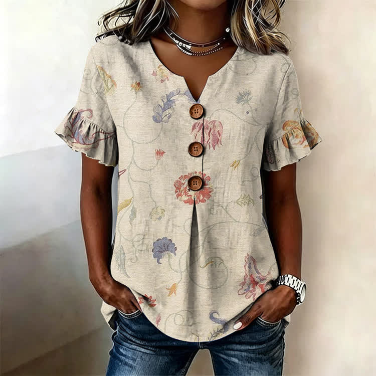 Vintage Intertwined Floral Texture Pattern Print Button Short Ruffle Sleeves V-neck Blouse - Apricot - US32-34(5XL) - image 1