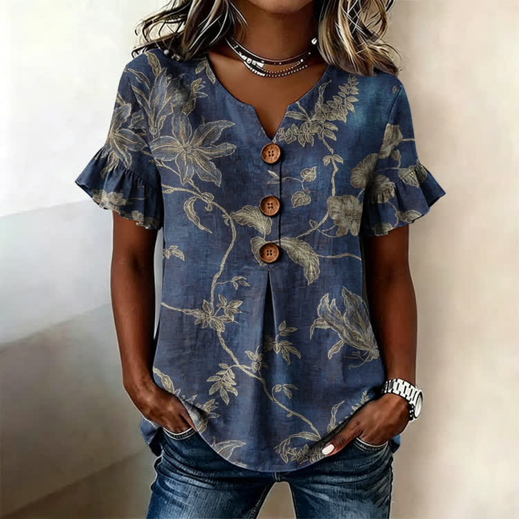 Ethnobotanical Texture Pattern Print Button Short Ruffle Sleeves V-neck Blouse - Dark Blue - US32-34(5XL) - image 1