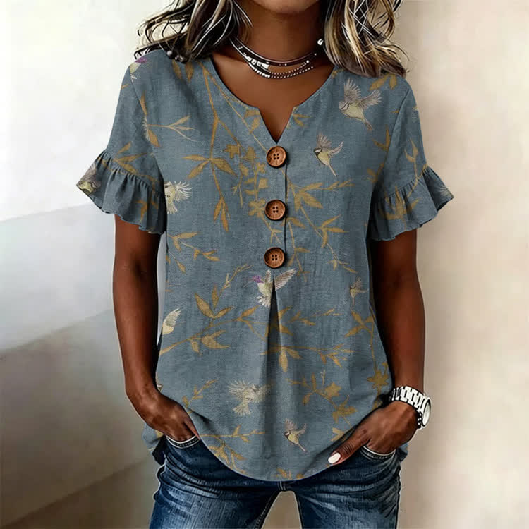 Vintage Plants And Birds Texture Pattern Print Button Short Ruffle Sleeves V-neck Blouse - Dark Blue - US32-34(5XL) - image 1