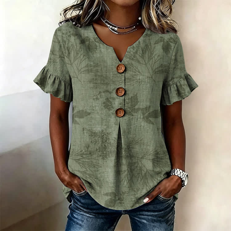 Vintage Botanical Texture Pattern Print Button Short Ruffle Sleeves V-neck Blouse - Green - US32-34(5XL) - image 1