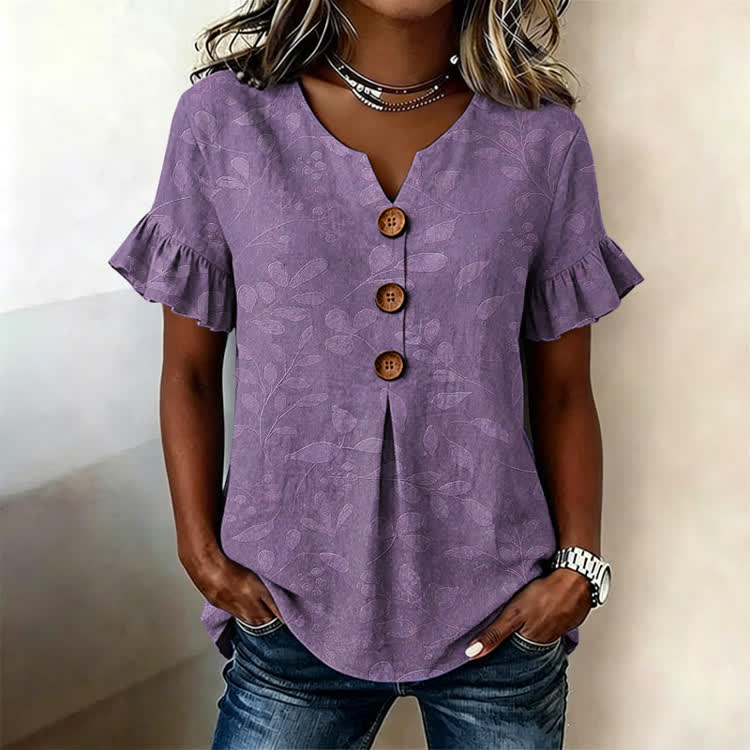 Natural Leaf Jacquard Texture Pattern Print Button Short Ruffle Sleeves V-neck Blouse - Purple - US32-34(5XL) - image 1