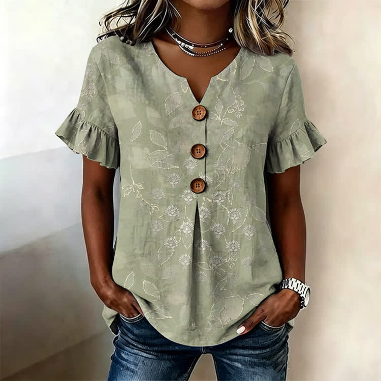 Random Floral Texture Pattern Print Button Short Ruffle Sleeves V-neck Blouse - Light Green - US32-34(5XL) - image 1