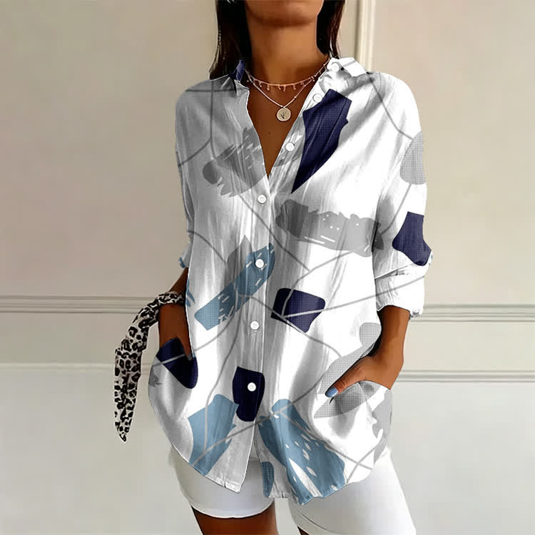 Abstract Geometric Color Blocking Pattern Print Long Sleeve Blouse - White - US 22 (4XL) - image 1