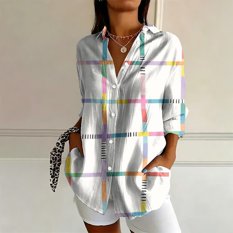 Colorful Plaid Pattern Print Long Sleeve Blouse - White - US 22 (4XL) - image 1