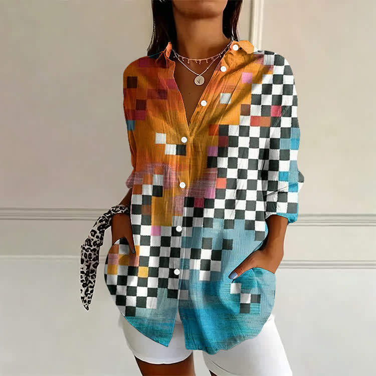 Gradient Checkerboard Pattern Print Long Sleeve Blouse - Orange - US 22 (4XL) - image 1