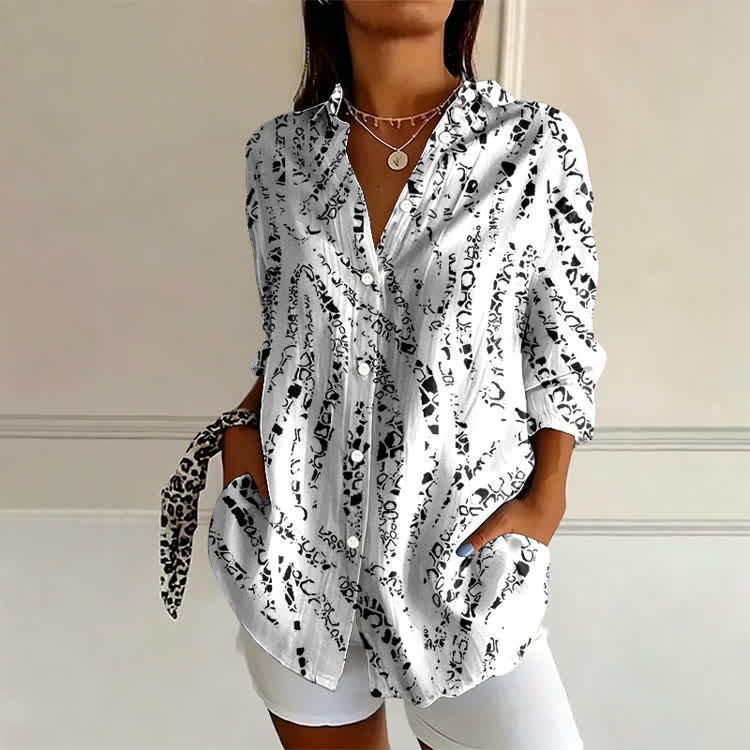 Black And White  Abstract Snakeskin Pattern Print Long Sleeve Blouse - White - US 22 (4XL) - image 1