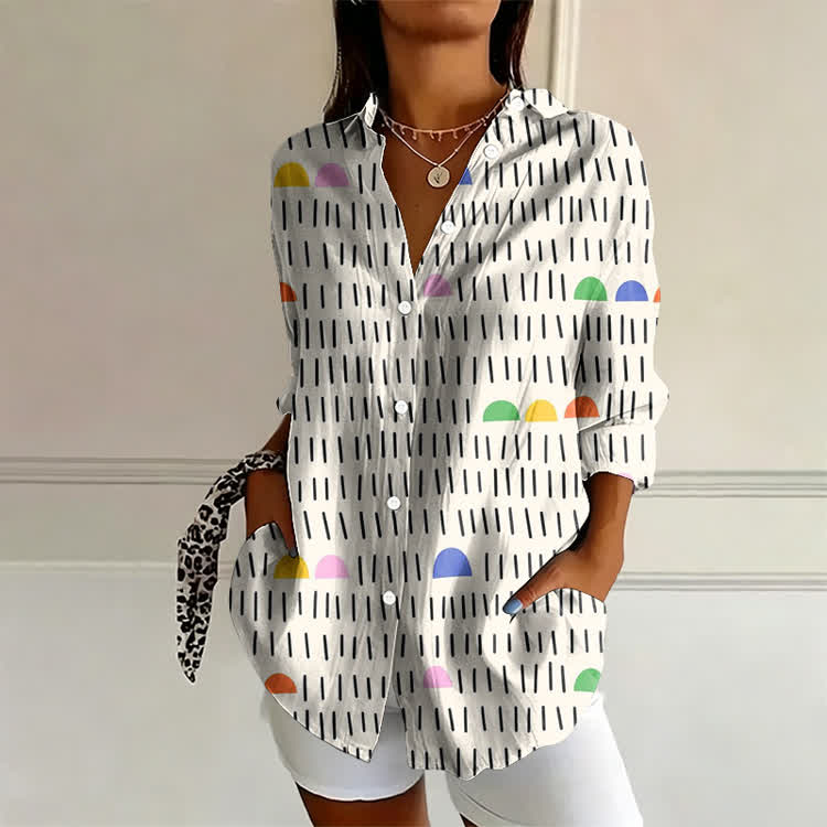 Geometric Colored Dots And Lines Pattern Print Long Sleeve Blouse - Apricot - US 22 (4XL) - image 1