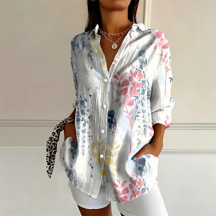 Watercolor Botanical Illustrations Pattern Print Long Sleeve Blouse - White - US 22 (4XL) - image 1