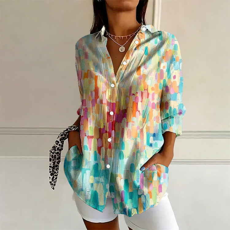 Watercolor Rainbow  oil Painting Pattern Print Long Sleeve Blouse - Light Green - US 22 (4XL) - image 1