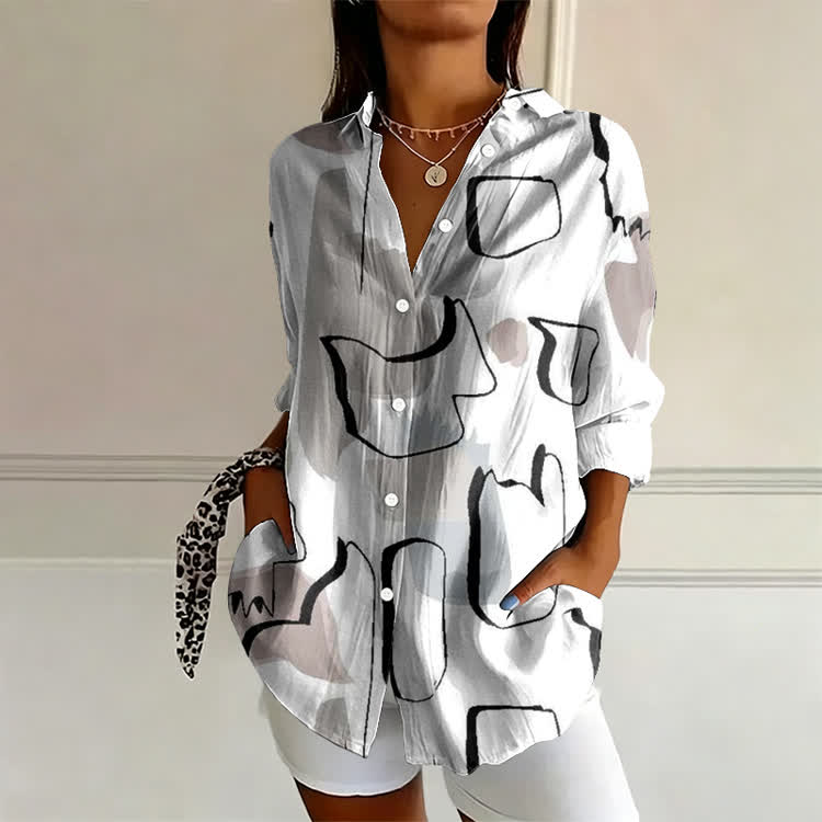 Abstract Geometric Lines Pattern Print Long Sleeve Blouse - White - US 22 (4XL) - image 1