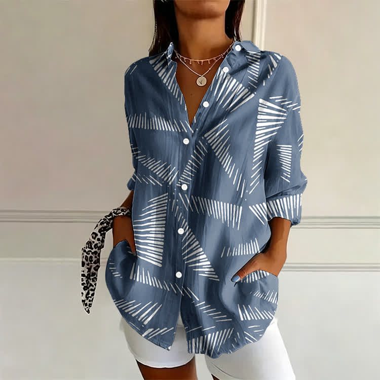 Triangular Ink Wash Lines Pattern Print Long Sleeve Blouse - Blue - US 22 (4XL) - image 1