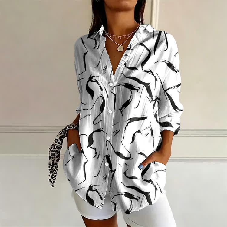 Black And White Ink Wash Lines Pattern Print Long Sleeve Blouse - White - US 22 (4XL) - image 1