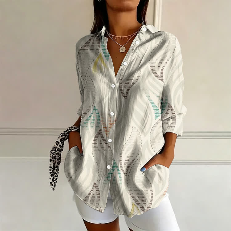 Abstract Leaf Pattern Print Long Sleeve Blouse - Grey - US 22 (4XL) - image 1