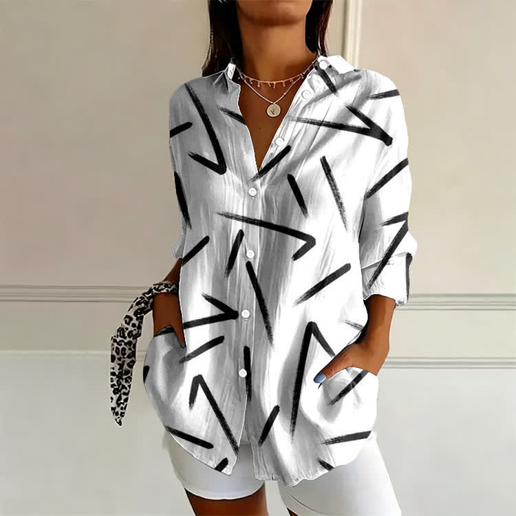 Black And White Abstract Brushstrokes Pattern Print Long Sleeve Blouse - White - US 22 (4XL) - image 1