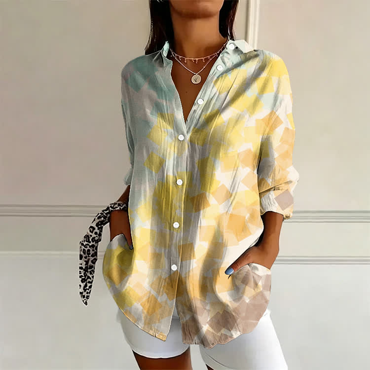 Gradient Geometry Pattern Print Long Sleeve Blouse - Yellow - US 22 (4XL) - image 1
