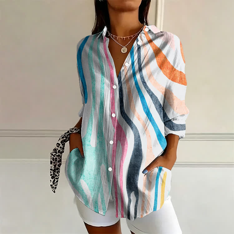 Colorful Wavy Stripes In An Oil Painting Tyle Pattern Print Long Sleeve Blouse - Multicolor - US 22 (4XL) - image 1