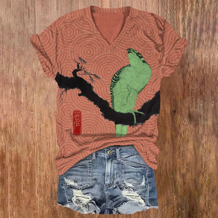 Japanese Vintage Bird Woodblock Pattern Print Short Sleeved V-Neck T-Shirt - Orange - US32-34(5XL) - image 1