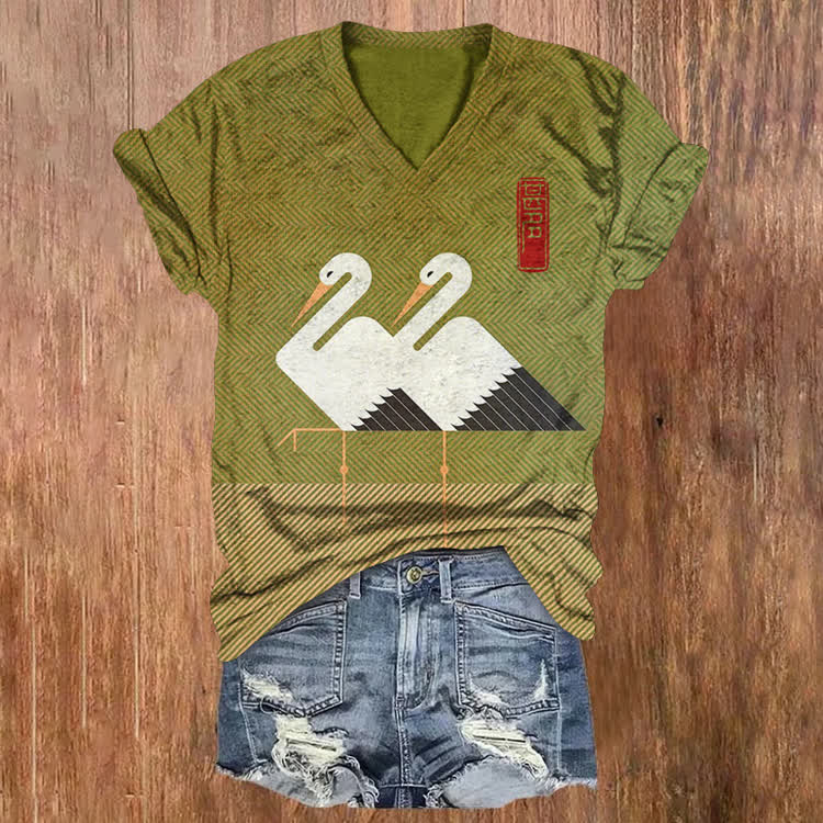 Japanese Vintage Two Cranes Pattern Print Short Sleeved V-Neck T-Shirt - Olive Green - US32-34(5XL) - image 1