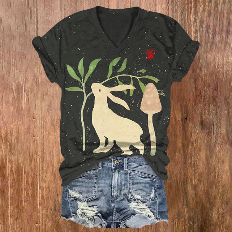 Japanese Vintage White Rabbit Woodblock  Pattern Print Short Sleeved V-Neck T-Shirt - Black - US32-34(5XL) - image 1