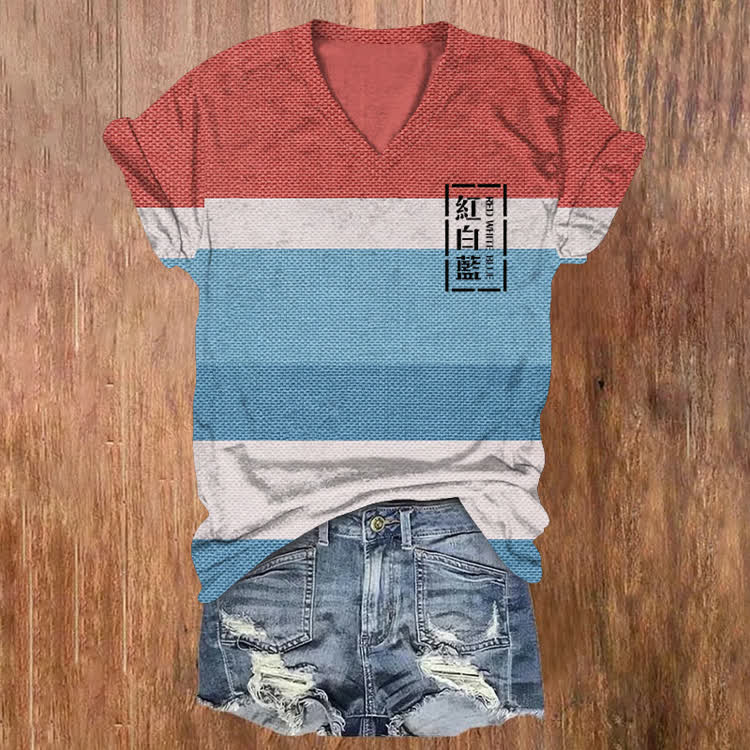Japanese Traditional Color Stripes Pattern Print Short Sleeved V-Neck T-Shirt - Blue - US32-34(5XL) - image 1