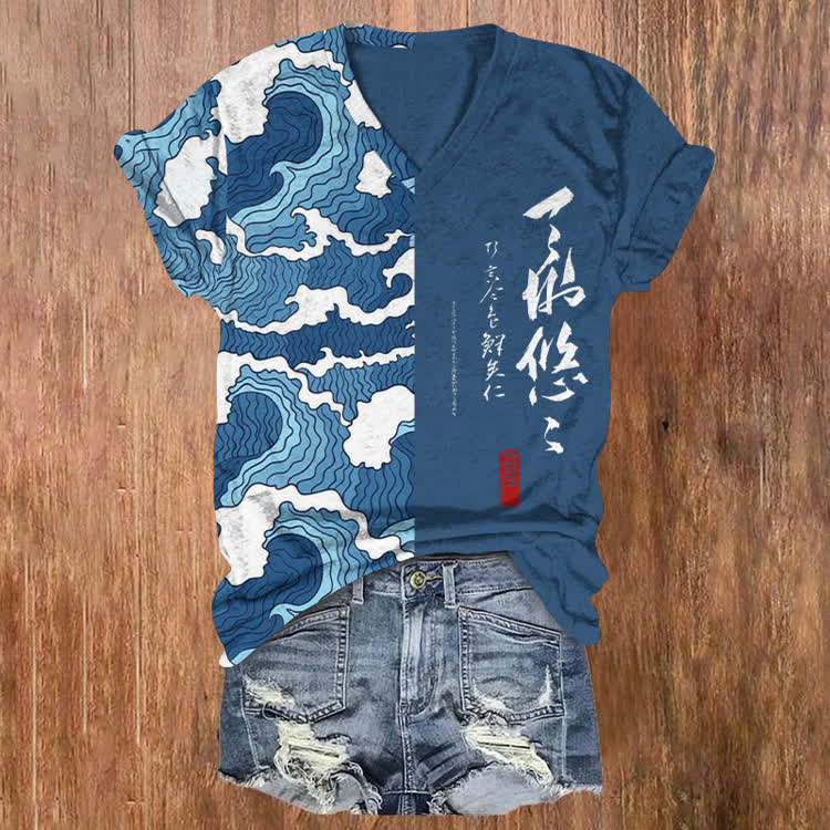 Japanese Traditional Ocean Wave Calligraphy Pattern Print Short Sleeved V-Neck T-Shirt - Blue - US32-34(5XL) - image 1
