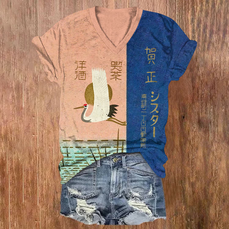 Japanese A Flying Crane Pattern Print Short Sleeved V-Neck T-Shirt - Blue - US32-34(5XL) - image 1